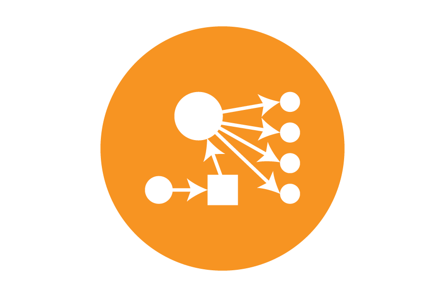 Icon of a line graph with circles and arrows on an orange background.