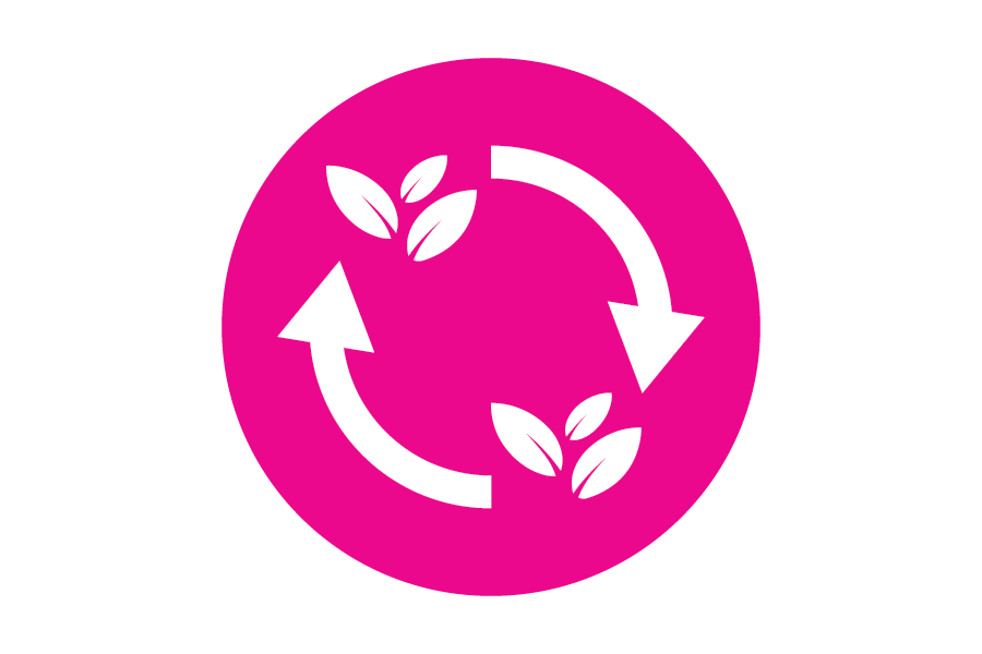 Icon of leafs and arrows on a pink background.